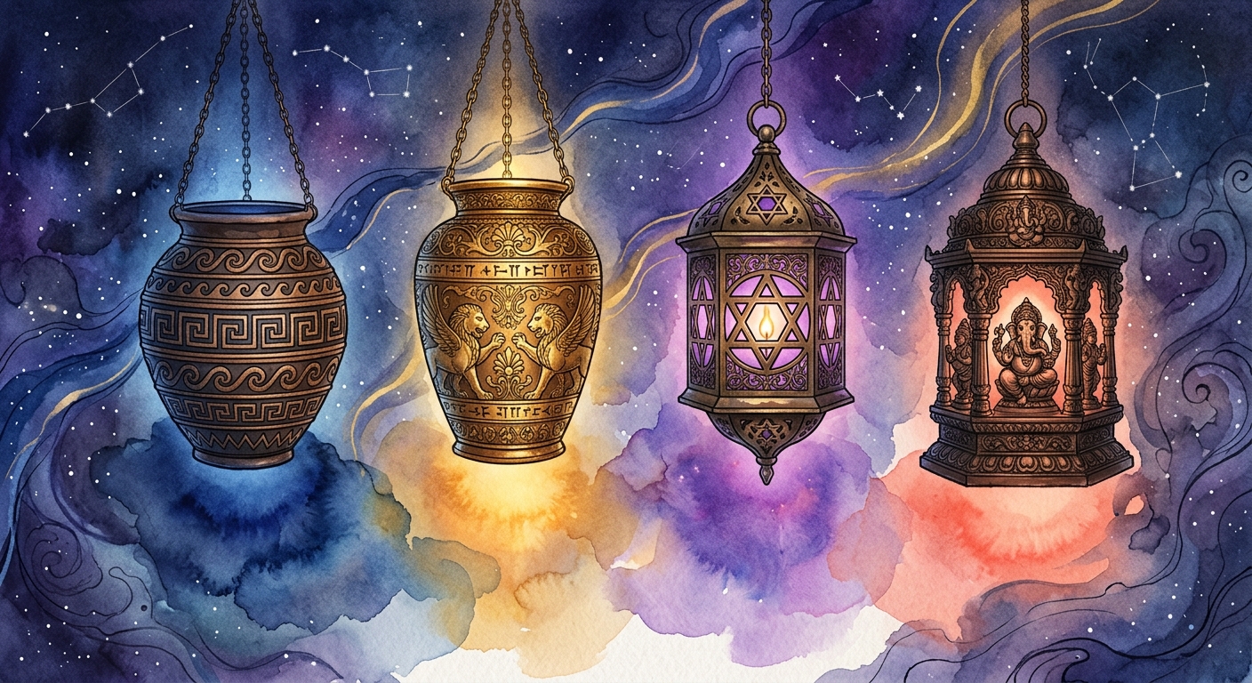 Four glowing lanterns representing Pythagorean, Chaldean, Kabbalah, and Tamil Numerology systems