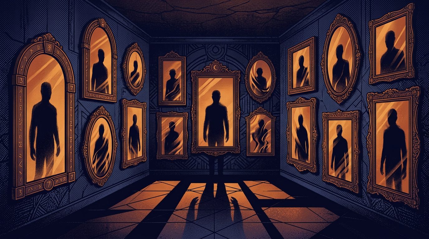Dark side of life path number shown through shadowy reflections in vintage mirrors with numerological patterns