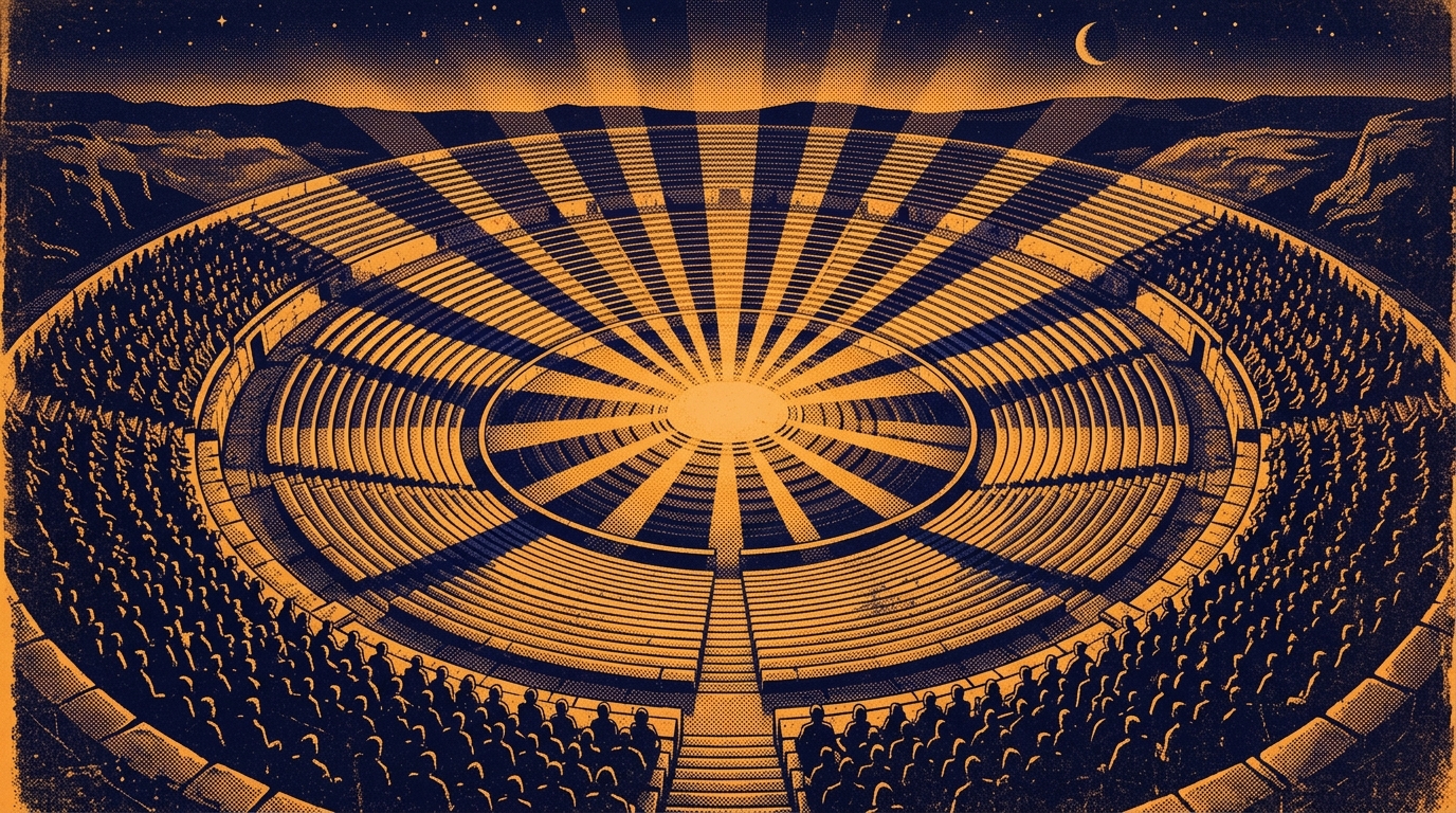 Ariana Grande-inspired retro duotone stage with radiating spotlights and crowd silhouettes