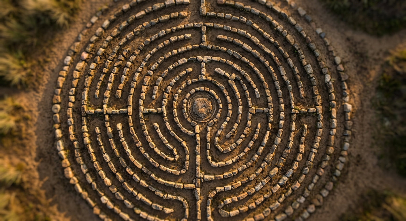 Aerial view of stone spiral labyrinth representing yearly forecast by life path number cycles