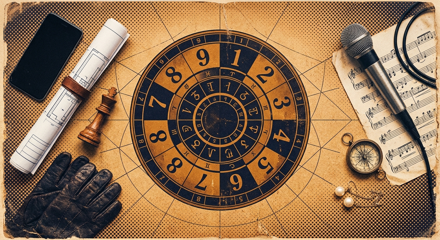 Overhead flat-lay of symbolic objects mirrored around a numerology wheel, evoking Beyoncé and Barack Obama life path comparison