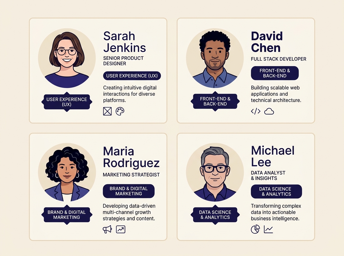 Grid showing four numerology specialist profiles with their expertise areas labeled